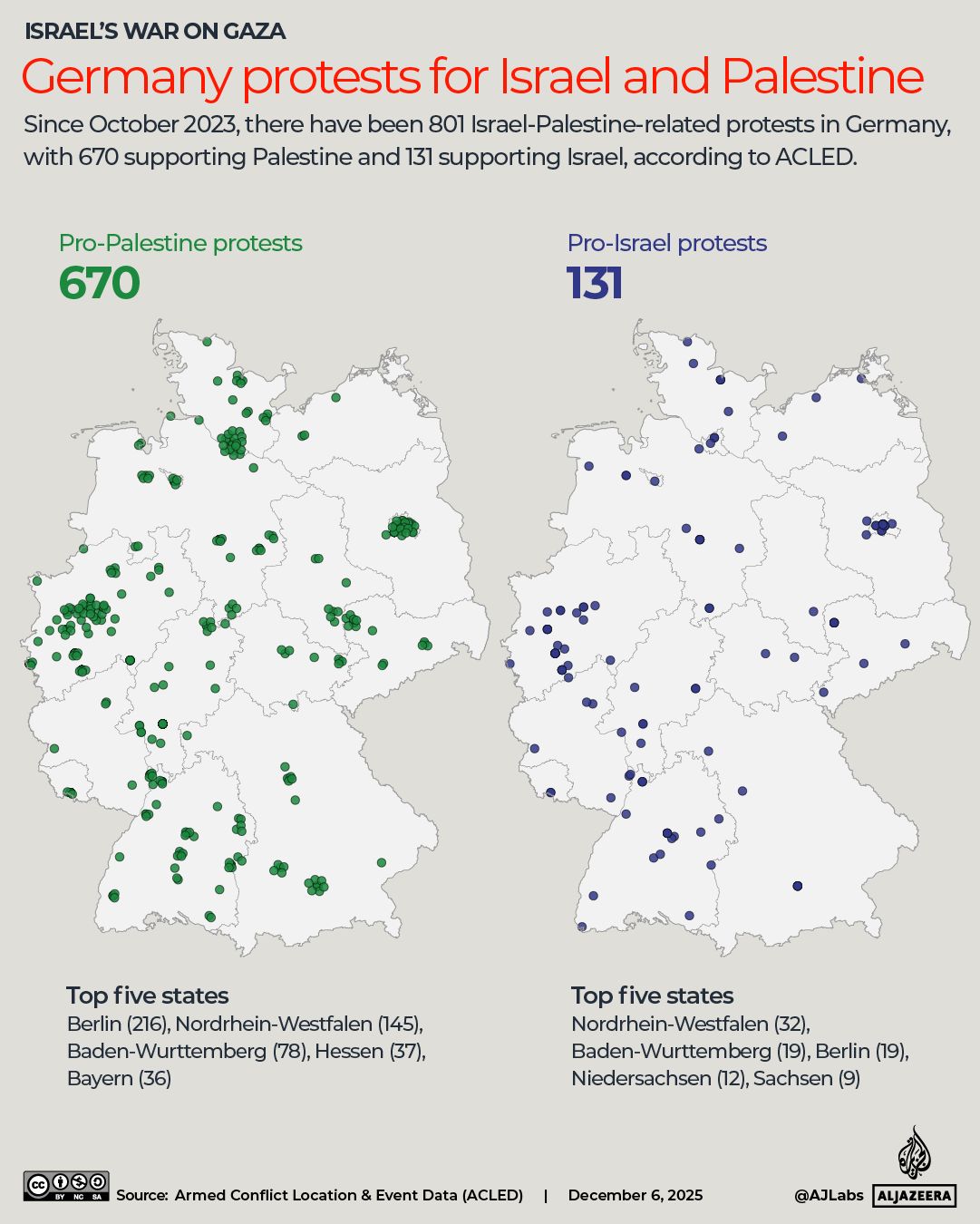 Carte des manifestations en Allemagne pour Israël et la Palestine