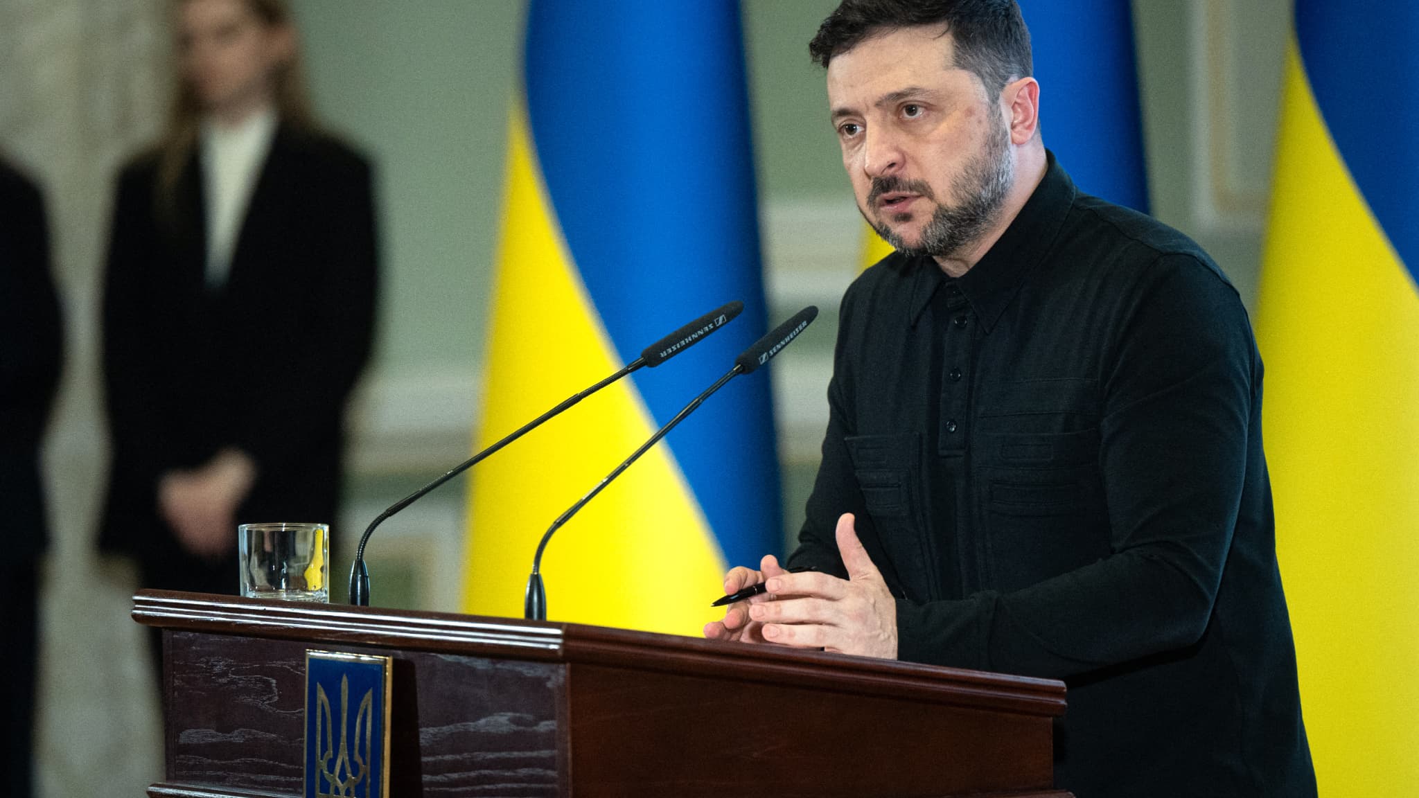 Volodymyr Zelensky lors d'une allocution après l'attaque à Kiev