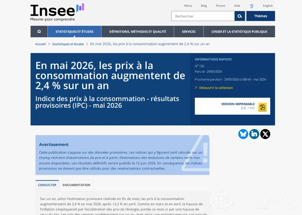 Publication officielle de l’Insee sur la hausse des prix à la consommation en France en mai 2026