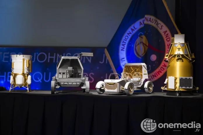 Maquettes de systèmes lunaires présentées lors d'une conférence de la NASA sur Moon Base, le 26 mai 2026