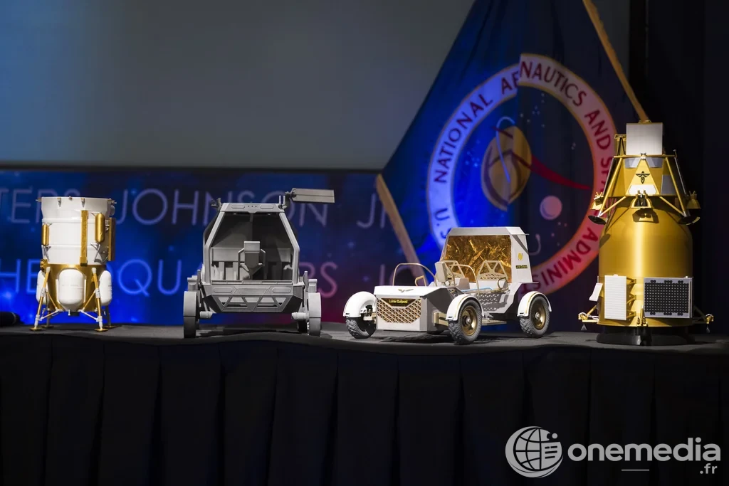 Maquettes de systèmes lunaires présentées lors d'une conférence de la NASA sur Moon Base, le 26 mai 2026