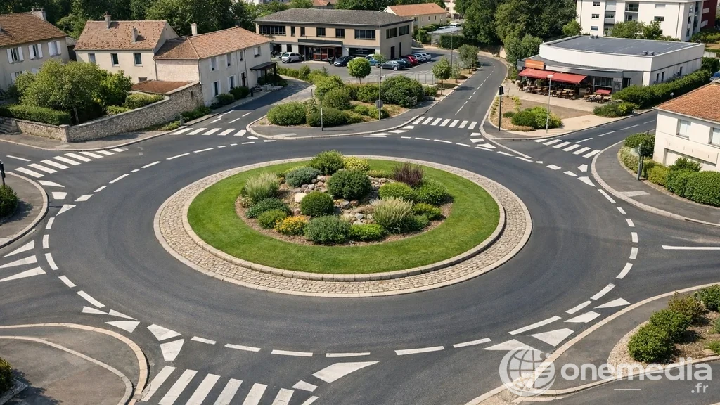 Vue aérienne d'un grand rond-point urbain en France avec circulation dense aux heures de pointe