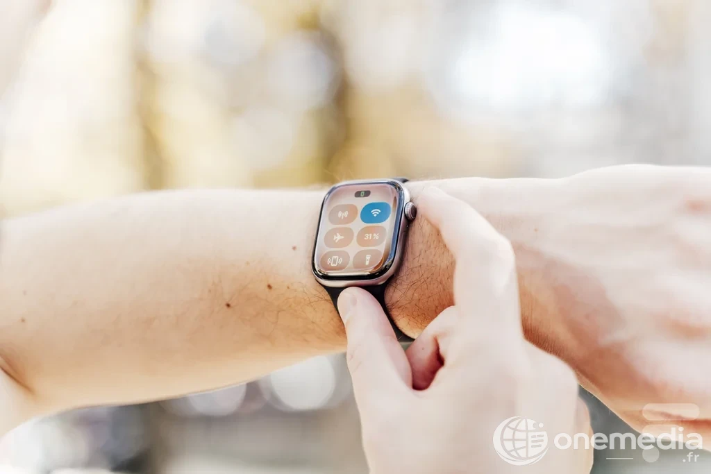 Apple Watch portée au poignet, illustration écran et autonomie
