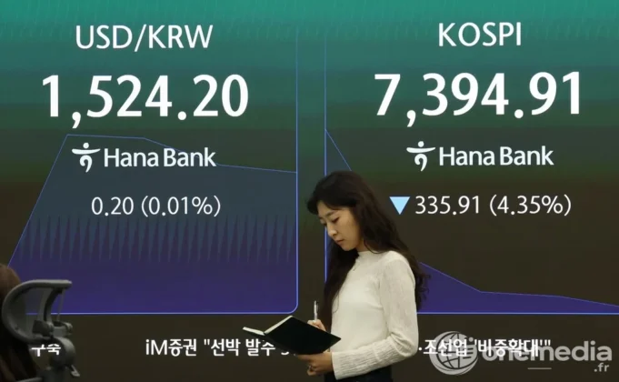 Salle de marché de la Bourse de Séoul affichant la chute du Kospi mardi 23 juin 2026, avec les valeurs Samsung Electronics et SK hynix en forte baisse
