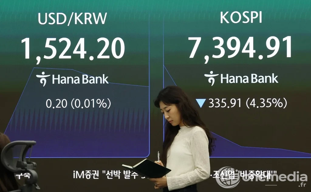 Salle de marché de la Bourse de Séoul affichant la chute du Kospi mardi 23 juin 2026, avec les valeurs Samsung Electronics et SK hynix en forte baisse