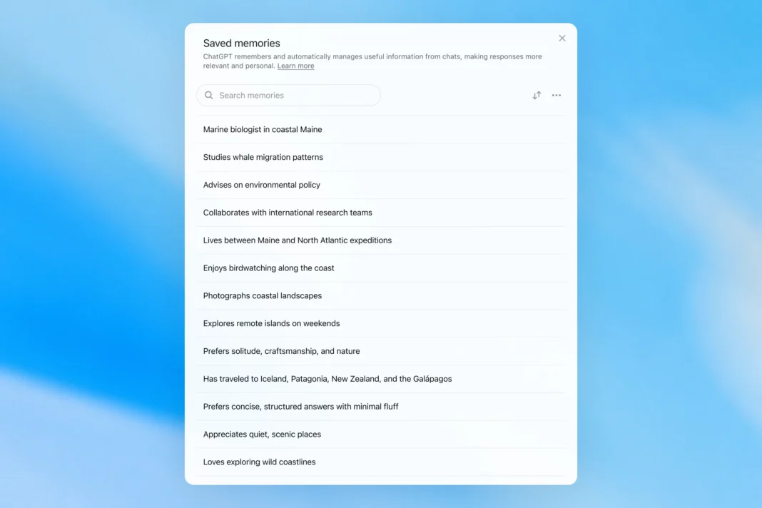 Interface de mémoire sauvegardée dans ChatGPT