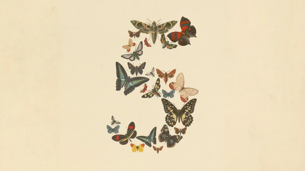 Illustration officielle d’Anthropic pour Claude Fable 5 et Claude Mythos 5, avec des papillons formant le chiffre 5