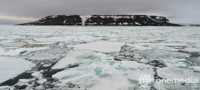 Paysage arctique du Groenland avec icebergs flottants, illustration du rechauffement climatique