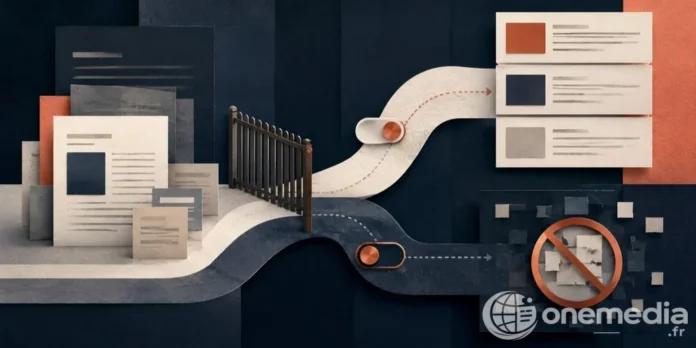 Illustration de documents numériques filtrés pour la recherche IA et le contrôle éditorial