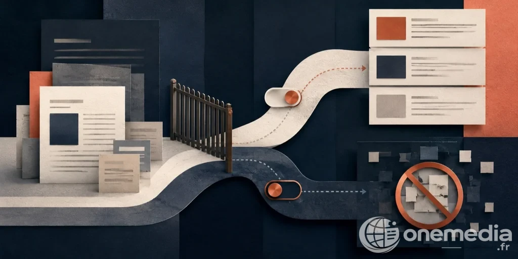 Illustration de documents numériques filtrés pour la recherche IA et le contrôle éditorial