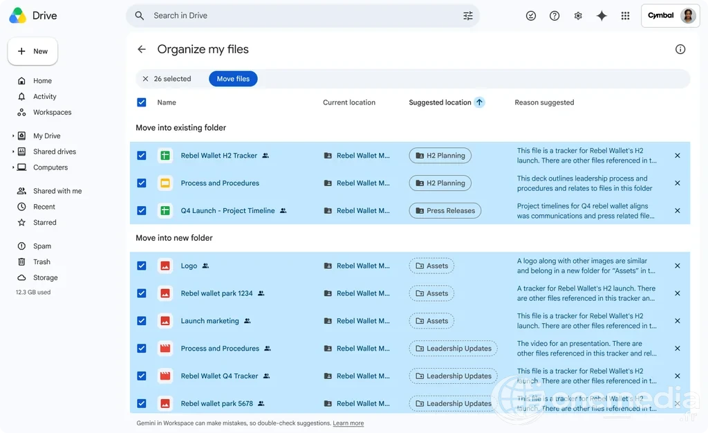 Capture officielle montrant les suggestions Organize My Files dans Google Drive