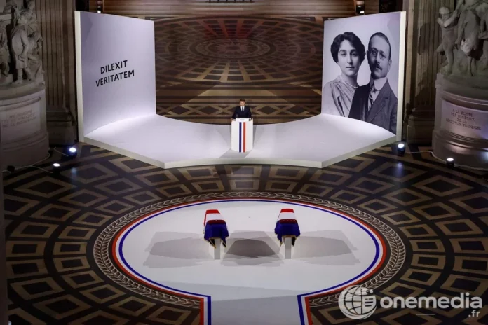 Emmanuel Macron prononce son discours lors de la cérémonie d'entrée au Panthéon de Marc Bloch et de son épouse Simonne, à Paris, le 23 juin 2026