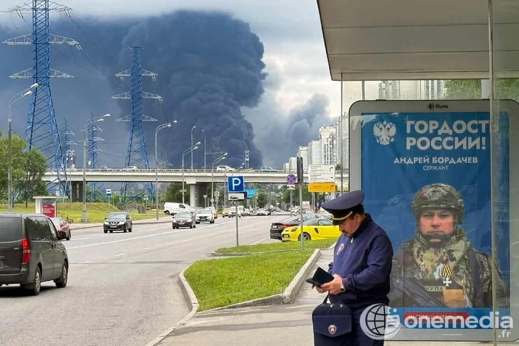 Fumée noire s'élevant au-dessus de la raffinerie de Gazpromneft à Kapotnia, banlieue sud-est de Moscou, après une attaque de drones ukrainiens le 18 juin 2026