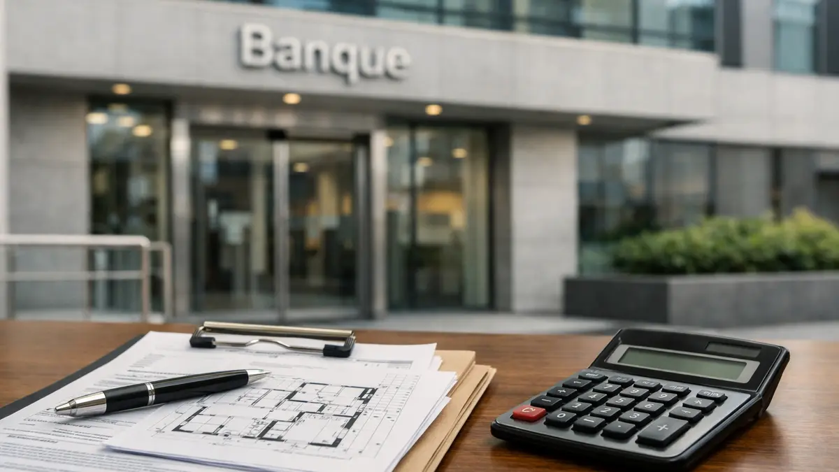 Documents de pret immobilier devant une agence bancaire, illustration de la hausse des taux de credit en juin 2026