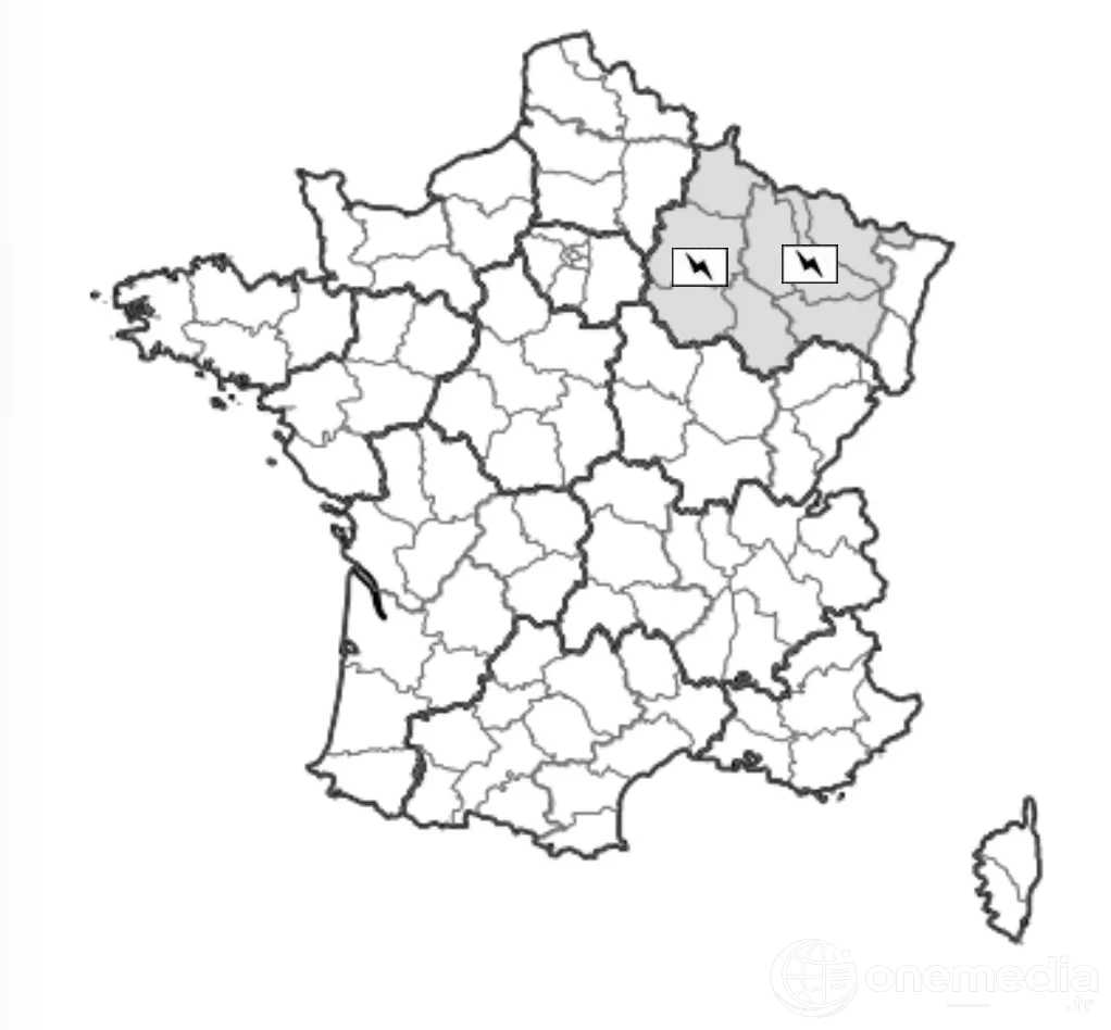 Carte météo liée au risque d’orages dans le nord-est de la France