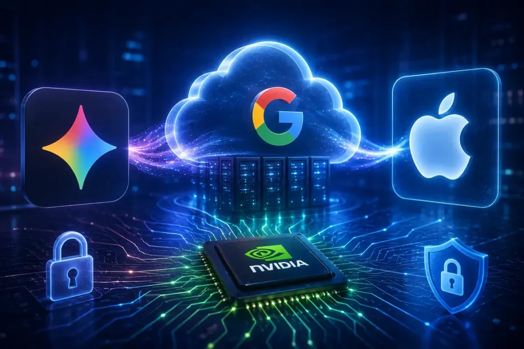 Illustration associant Gemini, Google Cloud, Apple et une puce Nvidia pour évoquer le futur de Siri