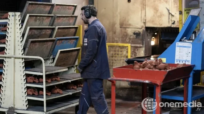 Un employé de la Fonderie de Bretagne sur la chaîne de production à Caudan (Morbihan)