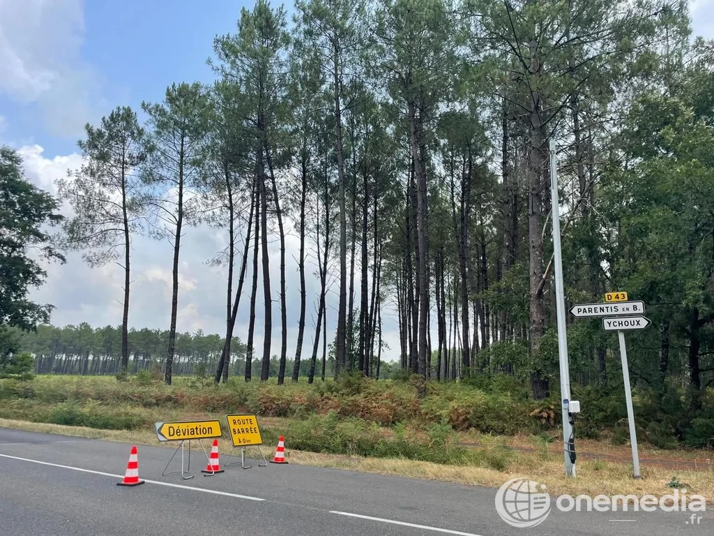 Route évacuée près de Parentis-en-Born pendant les incendies de juillet 2026
