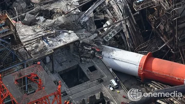 Cheminée effondrée dans une usine de Yatsushiro après le séisme de Kumamoto