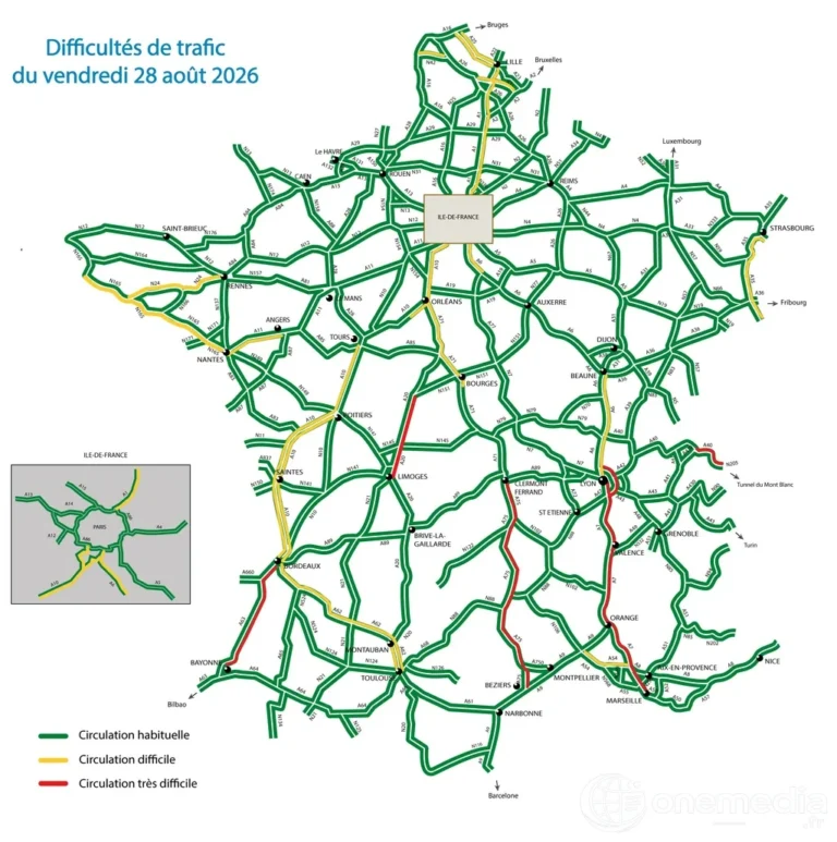 Carte officielle des difficultés de circulation prévues le vendredi 28 août 2026