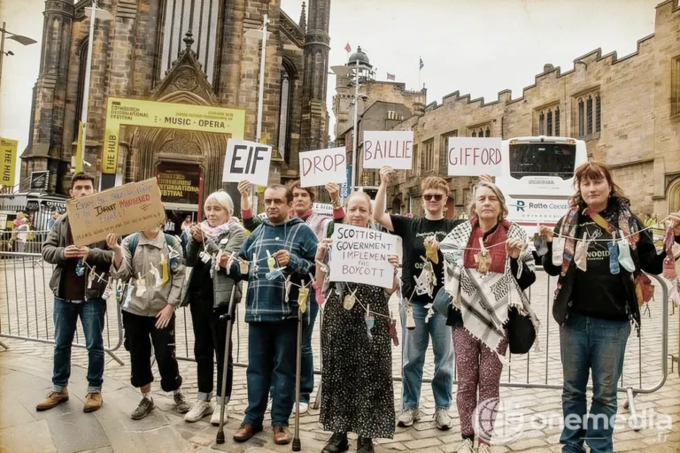 Des manifestants devant le Festival international d’Édimbourg tiennent des pancartes appelant à rompre avec Baillie Gifford.