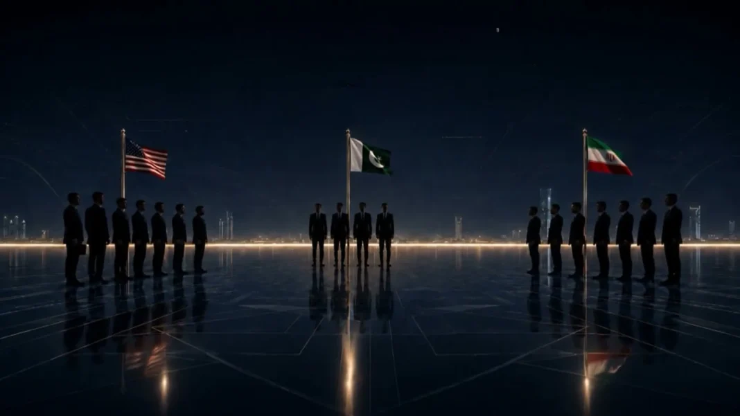 Drapeaux des États-Unis, du Pakistan et de l’Iran devant des délégations réunies de nuit.