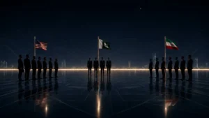 Drapeaux des États-Unis, du Pakistan et de l’Iran devant des délégations réunies de nuit.
