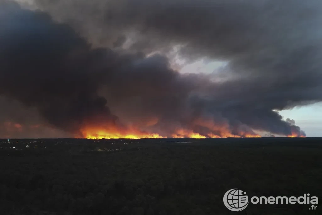 Incendie de forêt sous un épais panache de fumée, illustration des épisodes de chaleur et de sécheresse en Europe.