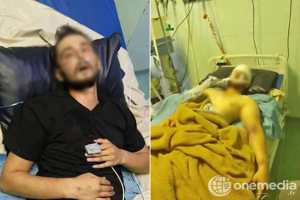 Deux hommes hospitalisés, le visage flouté, dans un montage d’illustration.