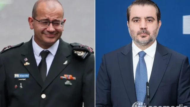 Montage montrant Roman Gofman en uniforme et Asaad al-Chaibani devant un micro.