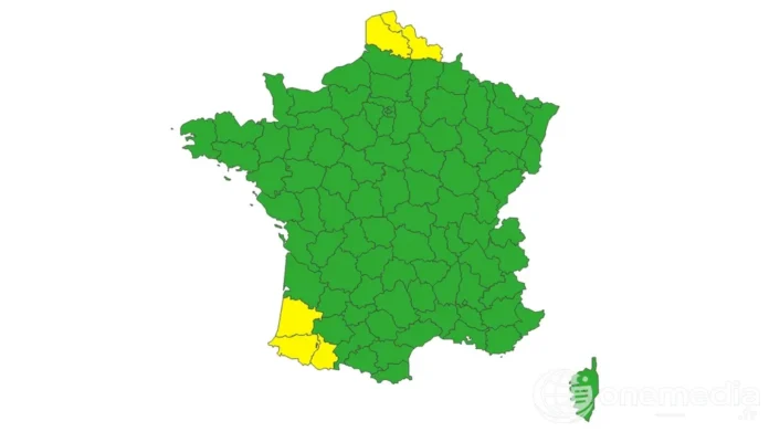 Carte de France montrant cinq départements en vigilance jaune pour orages le 22 août 2026