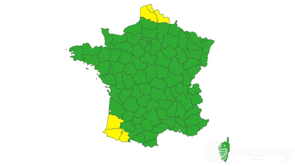 Carte de France montrant cinq départements en vigilance jaune pour orages le 22 août 2026