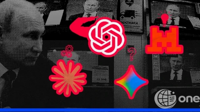 Illustration d’agents conversationnels IA utilisée par RSF pour son enquête sur les contenus de médias russes sanctionnés