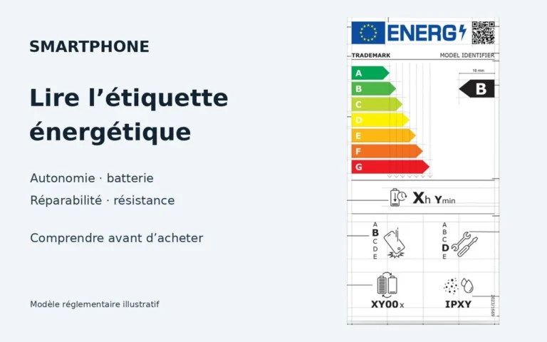 Modèle officiel d’étiquette énergétique de smartphone : autonomie, batterie, réparabilité et résistance