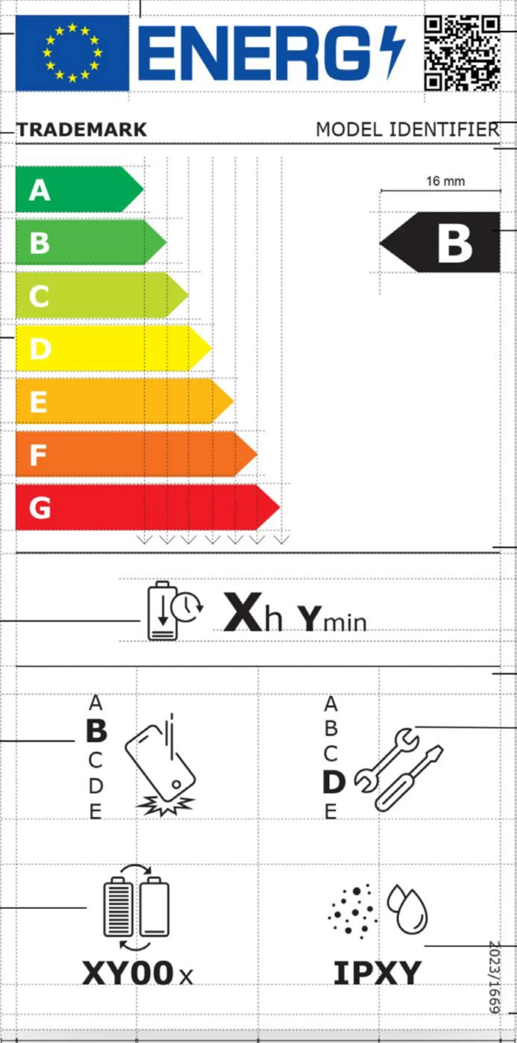 Modèle réglementaire de l’étiquette énergétique des smartphones et tablettes avec classes, autonomie et pictogrammes