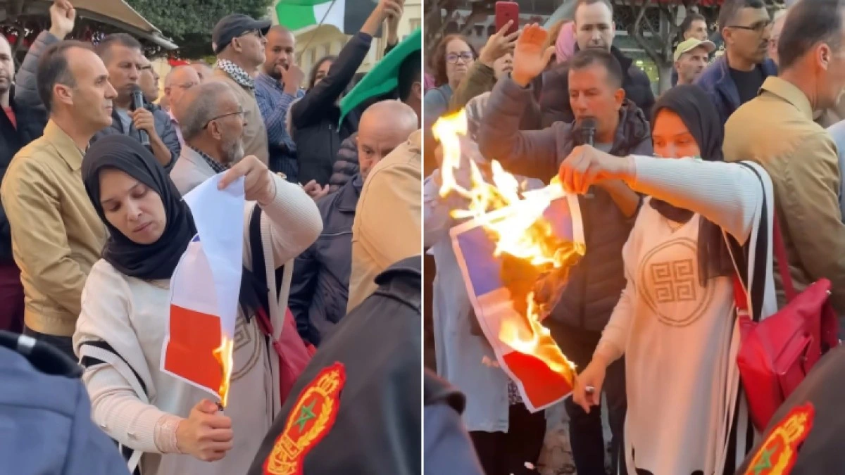 Images extraites de la vidéo d’un drapeau français brûlé, replacée à Tanger en octobre 2023.